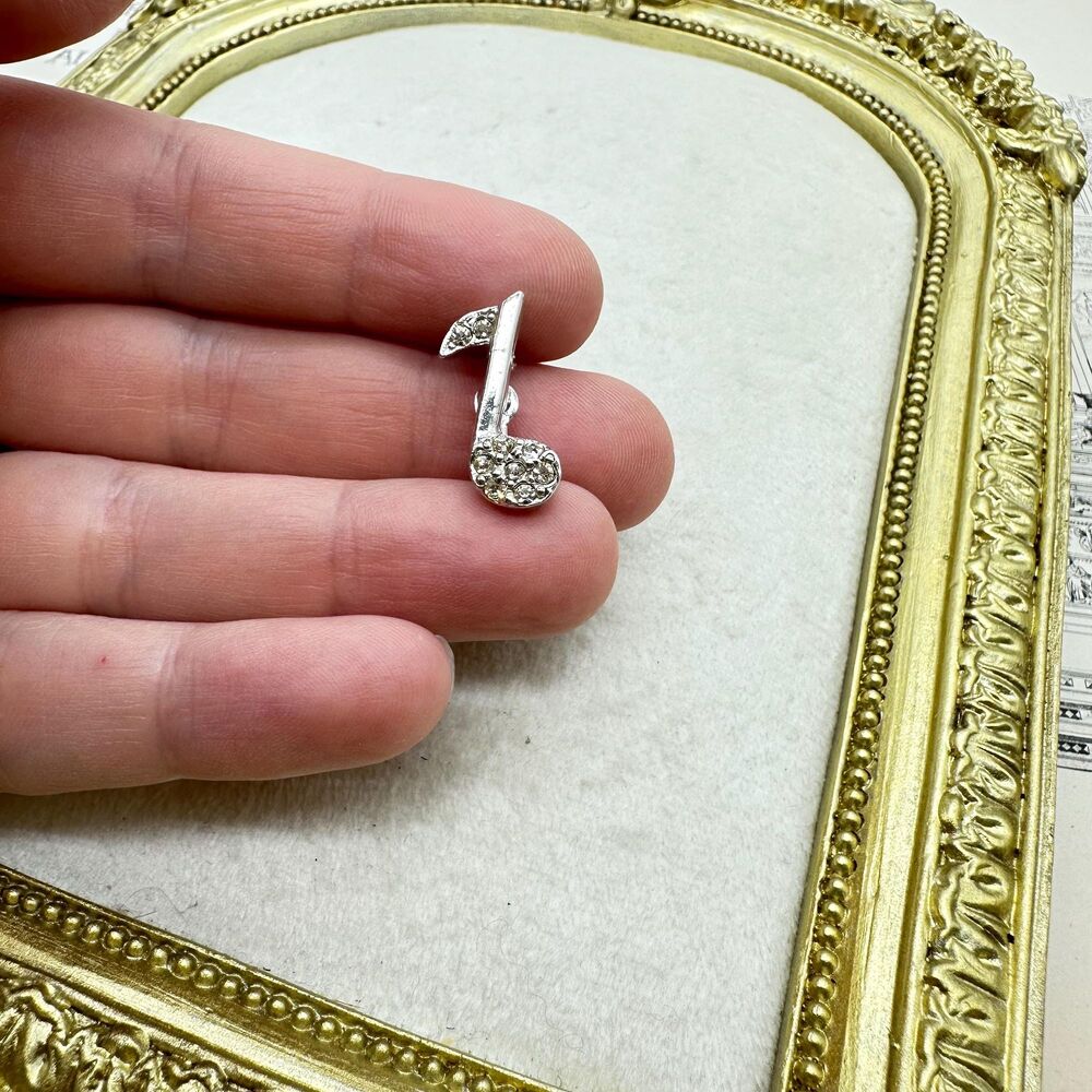 Vintage Jewelry Silver Tone Music Note Pin Tiny Rhinestone Music Brooch
